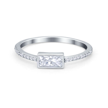 Accent Ring Emerald Cut Round Simulated Cubic Zirconia 925 Sterling Silver